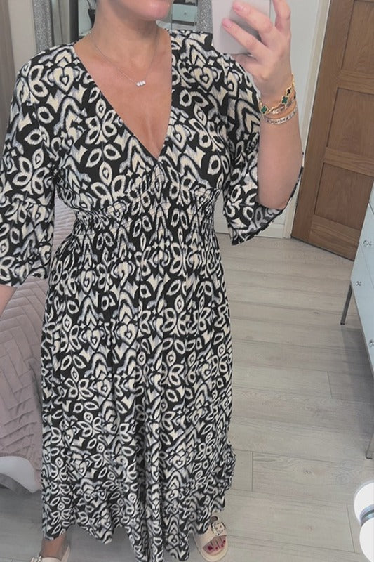 🔥Last Day 50% OFF-Bohemian Print V-Neck Waist Wrap Maxi Dress