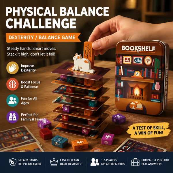 📚🎲Bookshelf Cooperative Stacking Game | Skill & Balance Card and Book Tower Game in Travel Tin