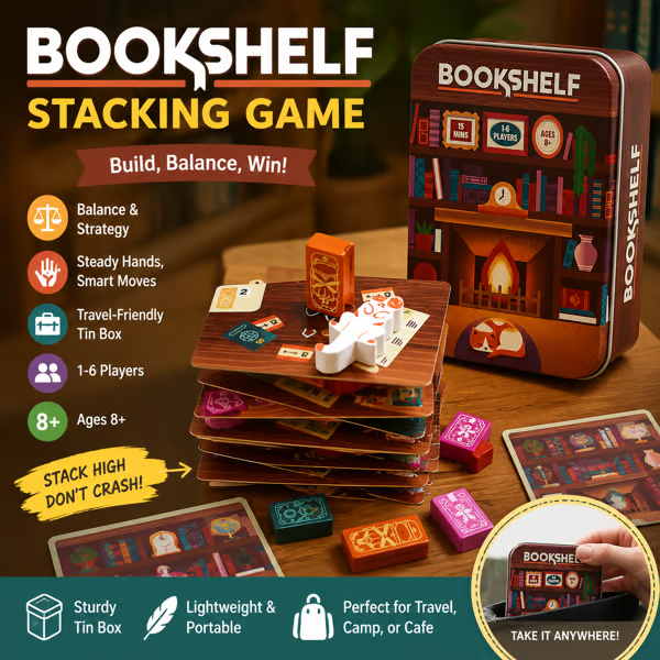 📚🎲Bookshelf Cooperative Stacking Game | Skill & Balance Card and Book Tower Game in Travel Tin