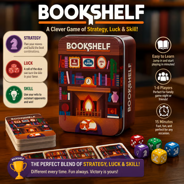 📚🎲Bookshelf Cooperative Stacking Game | Skill & Balance Card and Book Tower Game in Travel Tin