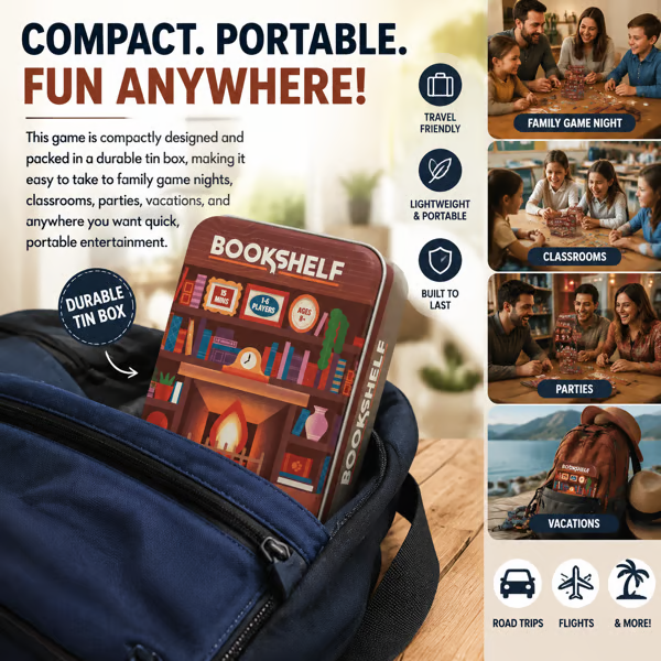 📚🎲Bookshelf Cooperative Stacking Game | Skill & Balance Card and Book Tower Game in Travel Tin