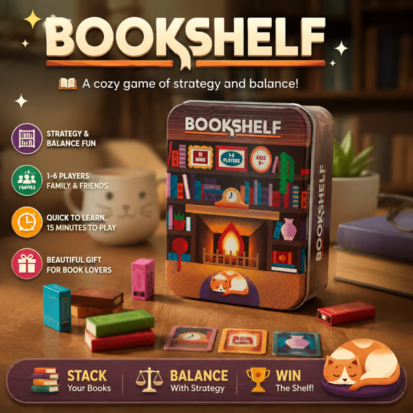 📚🎲Bookshelf Cooperative Stacking Game | Skill & Balance Card and Book Tower Game in Travel Tin