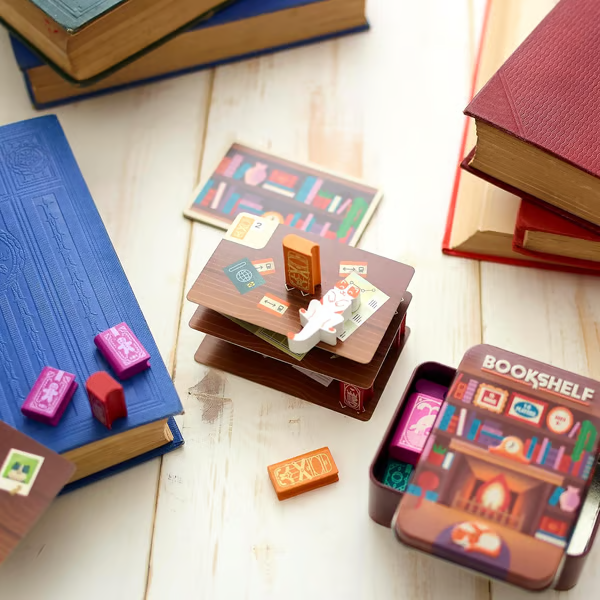 📚🎲Bookshelf Cooperative Stacking Game | Skill & Balance Card and Book Tower Game in Travel Tin