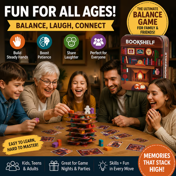 📚🎲Bookshelf Cooperative Stacking Game | Skill & Balance Card and Book Tower Game in Travel Tin