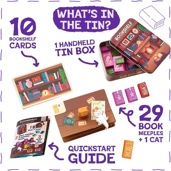 📚🎲Bookshelf Cooperative Stacking Game | Skill & Balance Card and Book Tower Game in Travel Tin