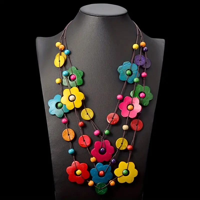 Handmade Boho Multilayer Wooden Multicolor Flower Necklace