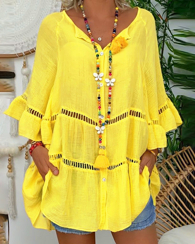 Three-Quarter Sleeve Cotton and Linen V-neck Buttons Hollow-out Large Dress