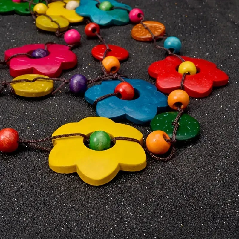 Handmade Boho Multilayer Wooden Multicolor Flower Necklace