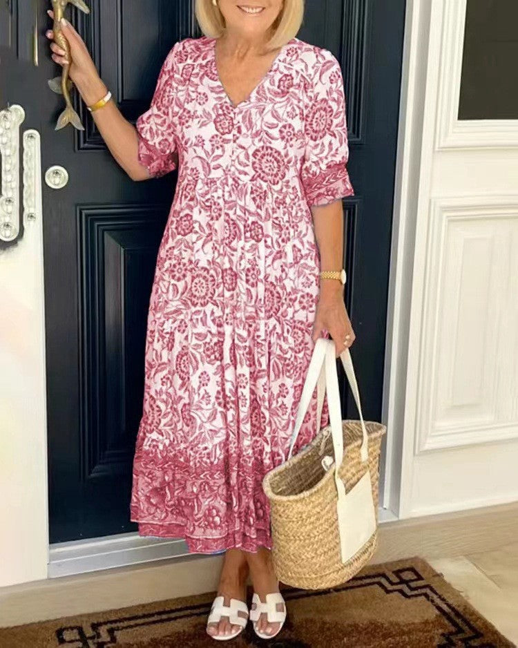 🏆New Style-49%OFF🔥Boho Deep V Half Sleeve Dress Loose Floral Skirt