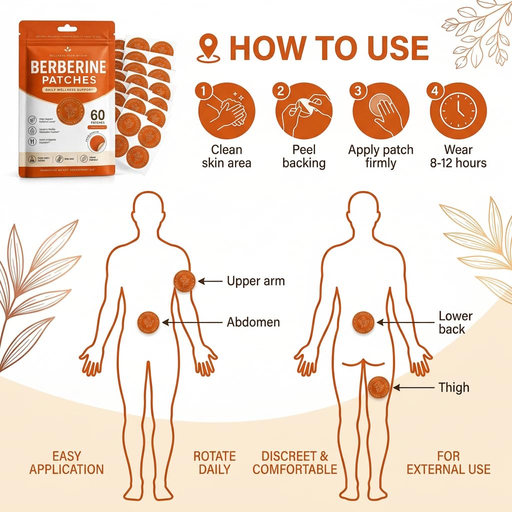 Berberine Transdermal Patches 60 Pack - Vegan Appetite Support Stickers with Botanical Blend (Pomegranate, Cinnamon, L-Glutamine) - Multiple Body Parts for Men & Women