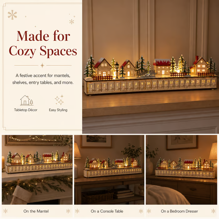 Light-Up Wooden Christmas Village Advent Calendar🎄 – 24 Fillable Drawers