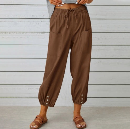 Solid Color Casual With Pocket Buttons Cotton Linen Trousers