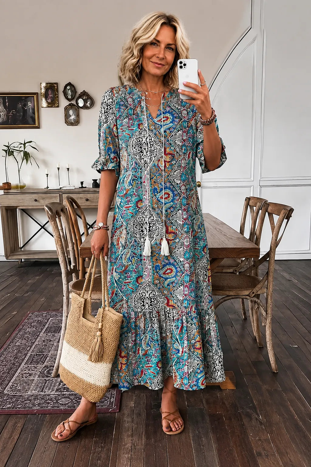 Paisley Bohemian Long Length Vintage Print Tassel Tie Neck Tunic Dress - Elegant Vacation Style with Drawstring, Ruffle Hem, and Random Printing