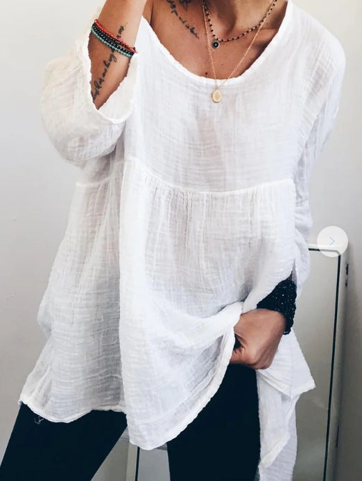 Women's Casual Cotton Linen Round Neck Long Sleeve T-Shirt