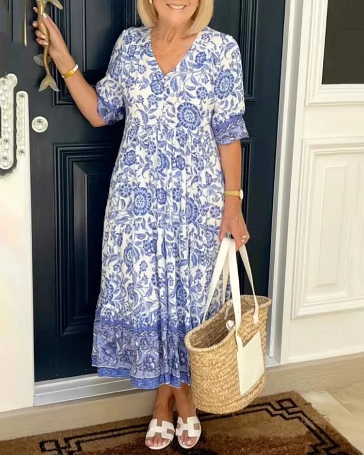 🏆New Style-49%OFF🔥Boho Deep V Half Sleeve Dress Loose Floral Skirt