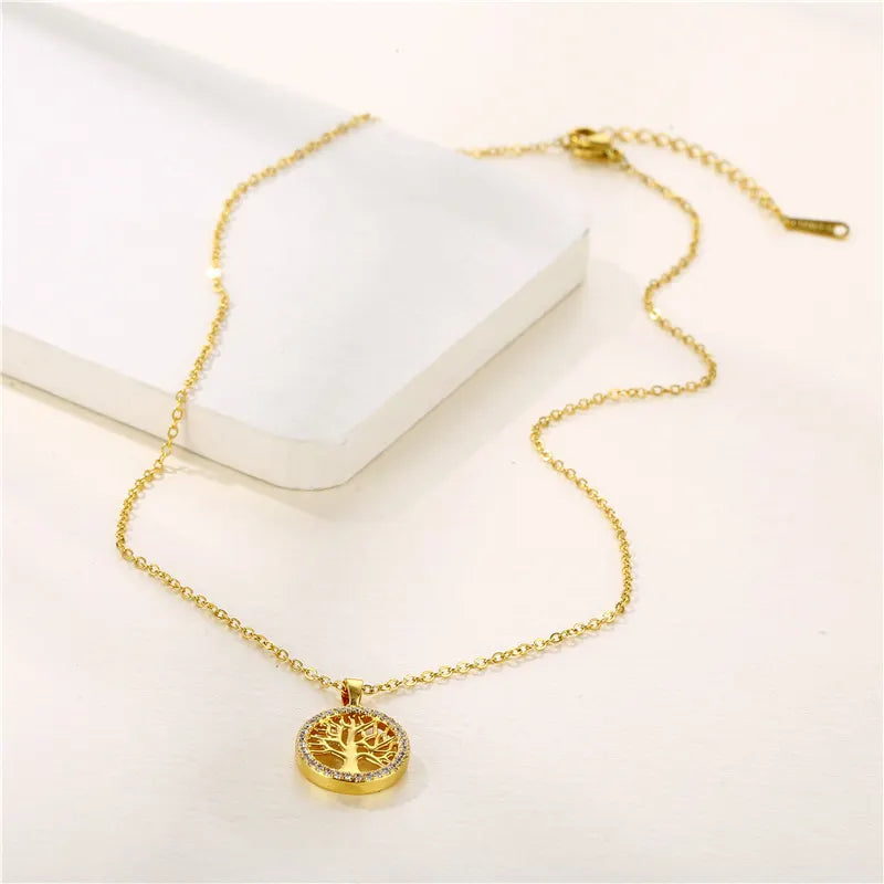 Round Hollow Tree of Life Pendant Necklace Geometric Clavicle Chain