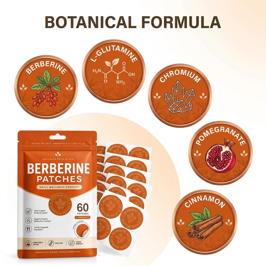 Berberine Transdermal Patches 60 Pack - Vegan Appetite Support Stickers with Botanical Blend (Pomegranate, Cinnamon, L-Glutamine) - Multiple Body Parts for Men & Women
