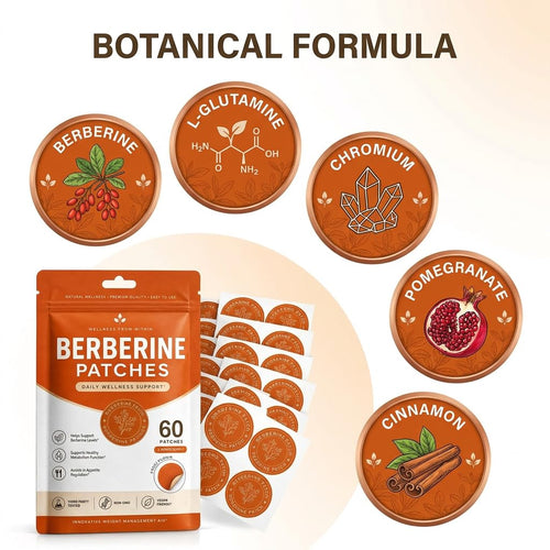 Berberine Transdermal Patches 60 Pack - Vegan Appetite Support Stickers with Botanical Blend (Pomegranate, Cinnamon, L-Glutamine) - Multiple Body Parts for Men & Women