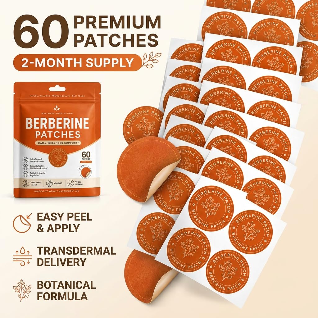 Berberine Transdermal Patches 60 Pack - Vegan Appetite Support Stickers with Botanical Blend (Pomegranate, Cinnamon, L-Glutamine) - Multiple Body Parts for Men & Women