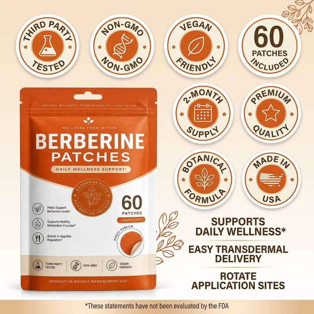 Berberine Transdermal Patches 60 Pack - Vegan Appetite Support Stickers with Botanical Blend (Pomegranate, Cinnamon, L-Glutamine) - Multiple Body Parts for Men & Women