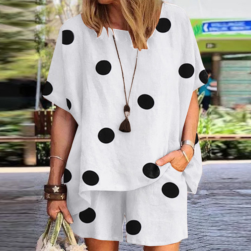 Women'S Polka Dot Print Round Neck Loose Short Sleeve Shorts Two-Piece Set