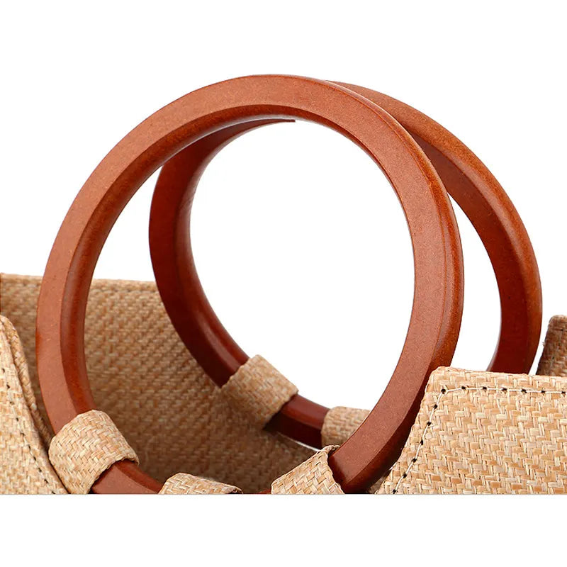 Wooden Handle Handbag Straw Shoulder Bag for Women