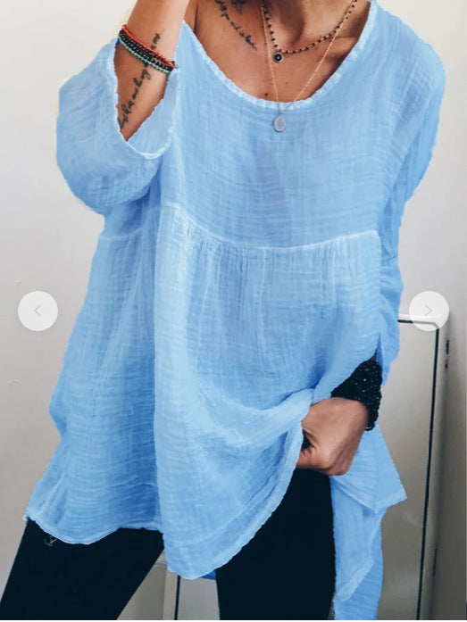 Women's Casual Cotton Linen Round Neck Long Sleeve T-Shirt