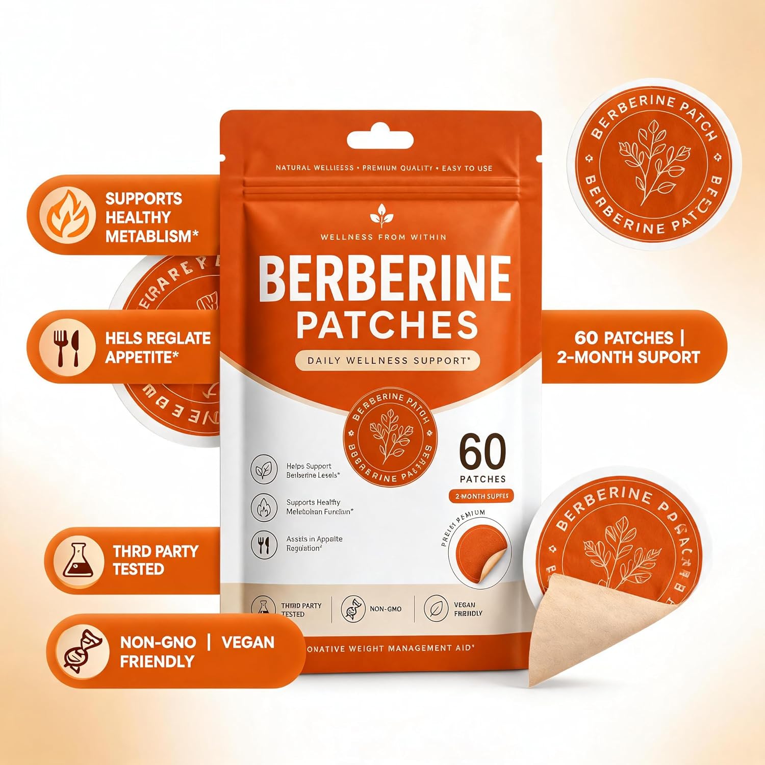 Berberine Transdermal Patches 60 Pack - Vegan Appetite Support Stickers with Botanical Blend (Pomegranate, Cinnamon, L-Glutamine) - Multiple Body Parts for Men & Women