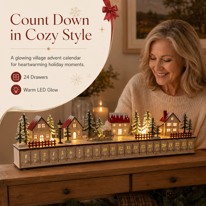 Light-Up Wooden Christmas Village Advent Calendar🎄 – 24 Fillable Drawers