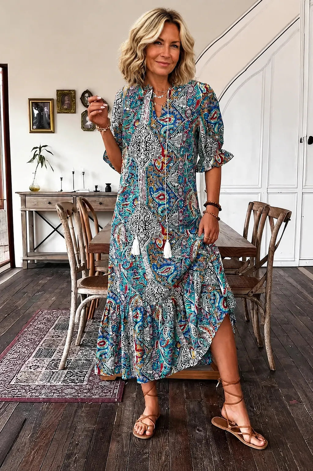 Paisley Bohemian Long Length Vintage Print Tassel Tie Neck Tunic Dress - Elegant Vacation Style with Drawstring, Ruffle Hem, and Random Printing