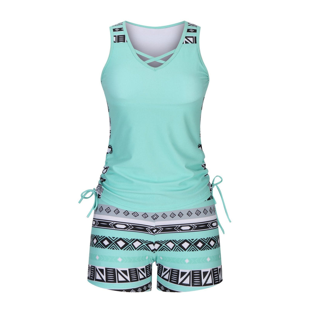 Women's Tummy Control Tankini Set with Built-In Bra – Flattering Boho Swimwear with Shorts