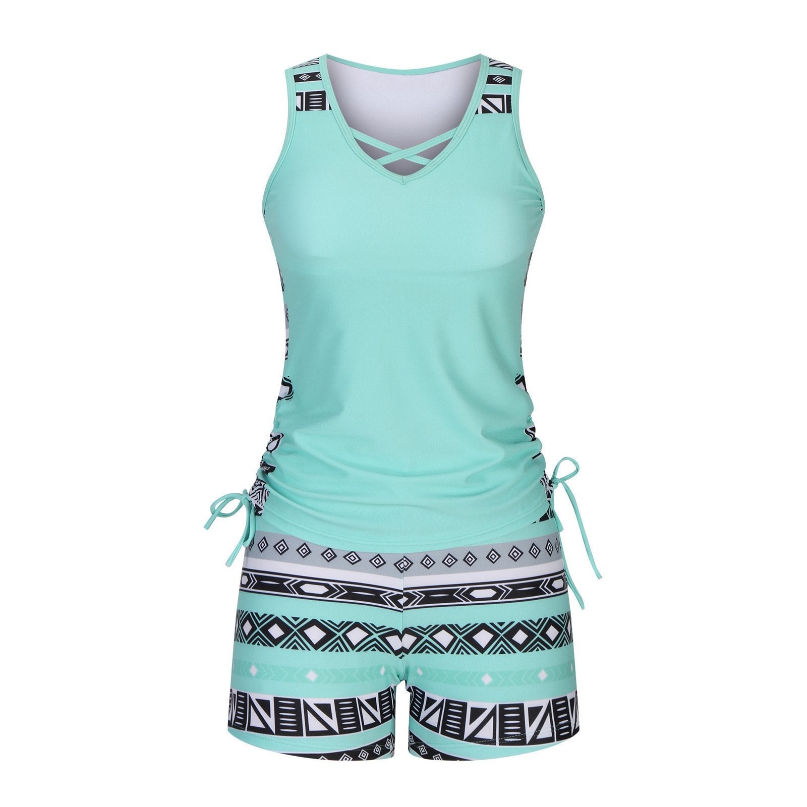 Women's Tummy Control Tankini Set with Built-In Bra – Flattering Boho Swimwear with Shorts