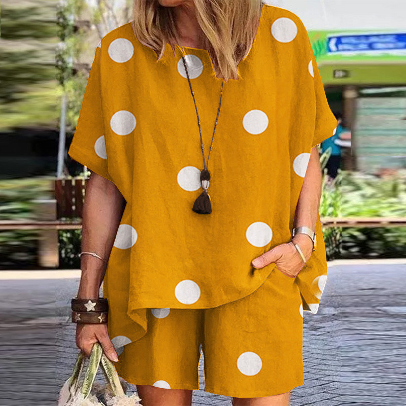 Women'S Polka Dot Print Round Neck Loose Short Sleeve Shorts Two-Piece Set