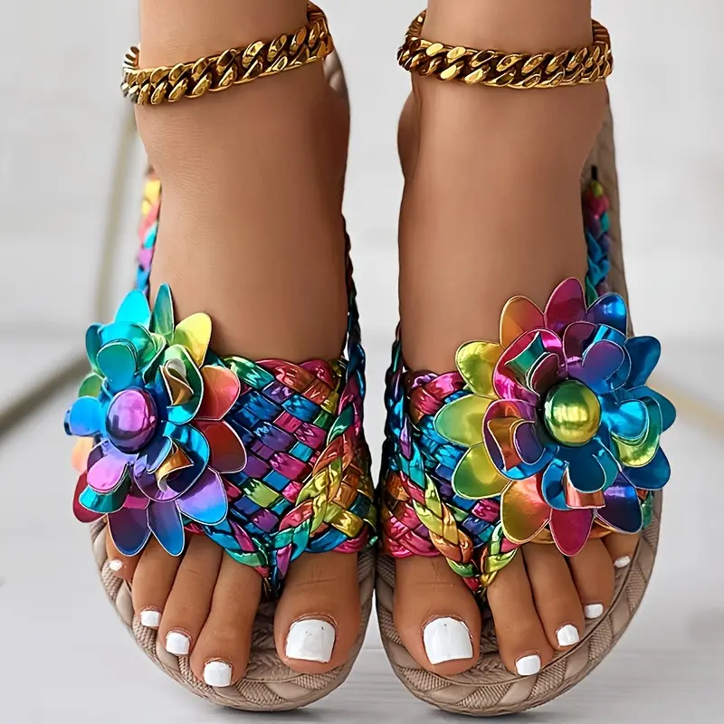 Women's Colorful Floral Decor Thong Sandals