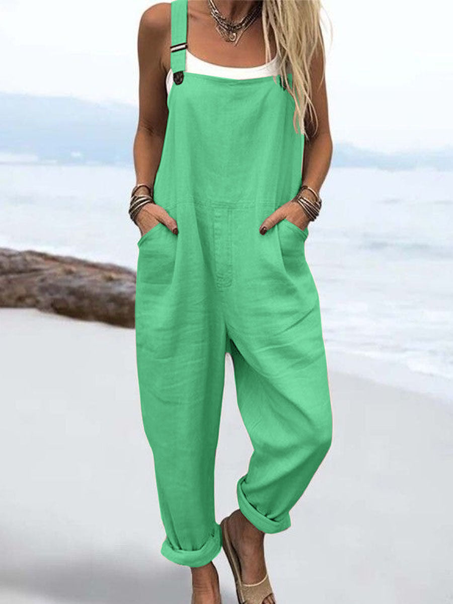 Wome's Vacation Retro  Casual Cotton Linen Wide Leg Jumpsuit