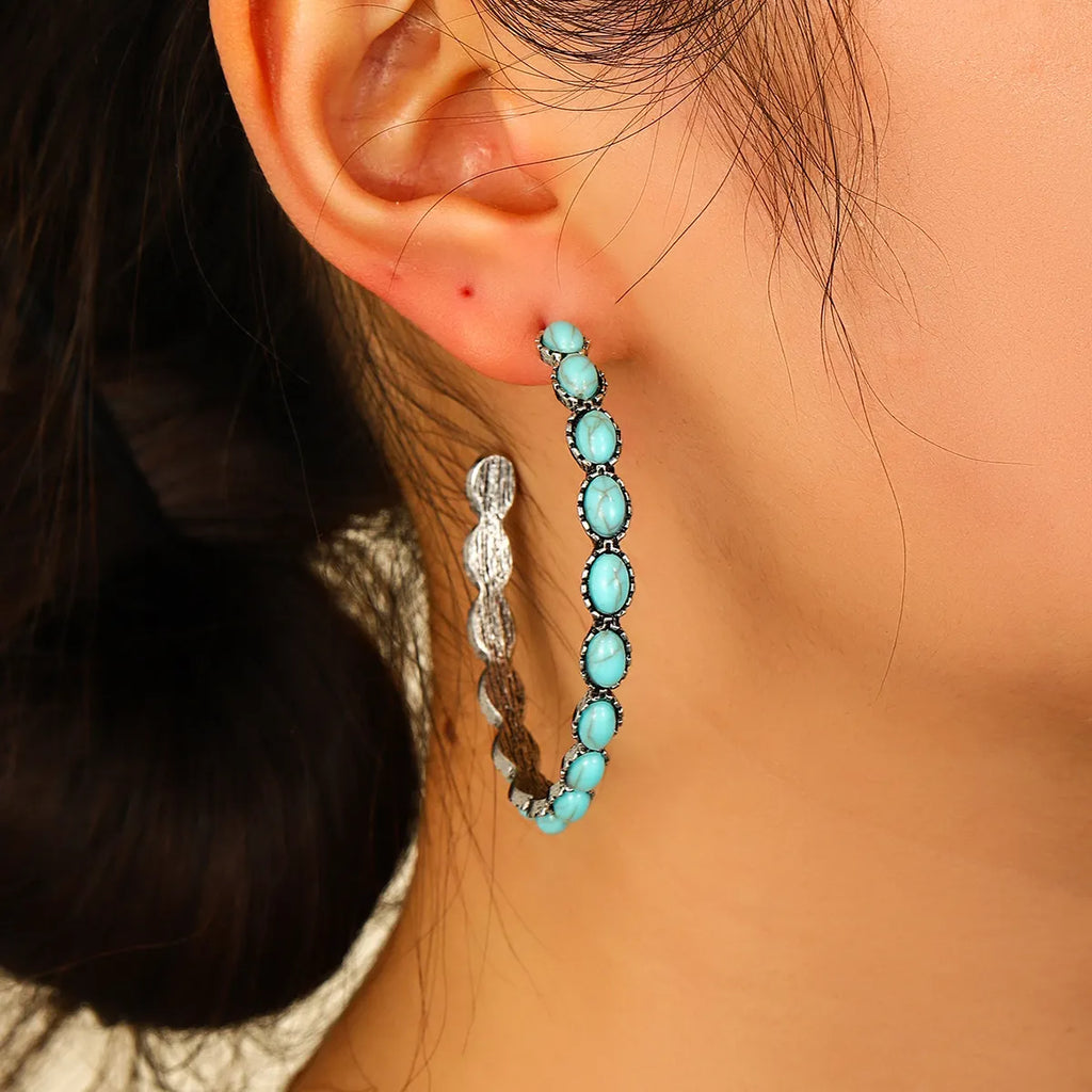 Retro Western Style Turquoise Big Circle C- Shaped Earrings