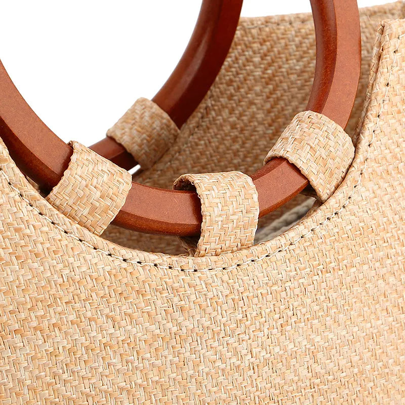 Wooden Handle Handbag Straw Shoulder Bag for Women