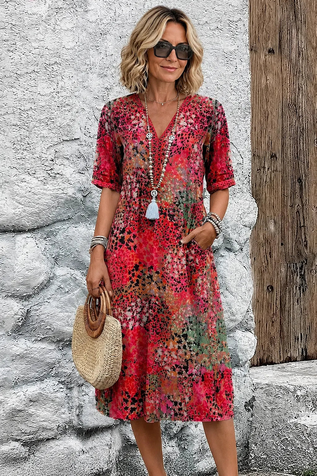 Women's Short Sleeve Summer Leopard Lace Dress V Neck Daily Going Out Casual Knee Length A-Line Khaki