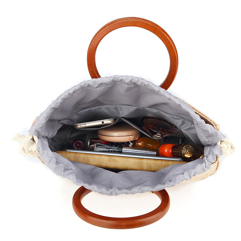 Wooden Handle Handbag Straw Shoulder Bag for Women