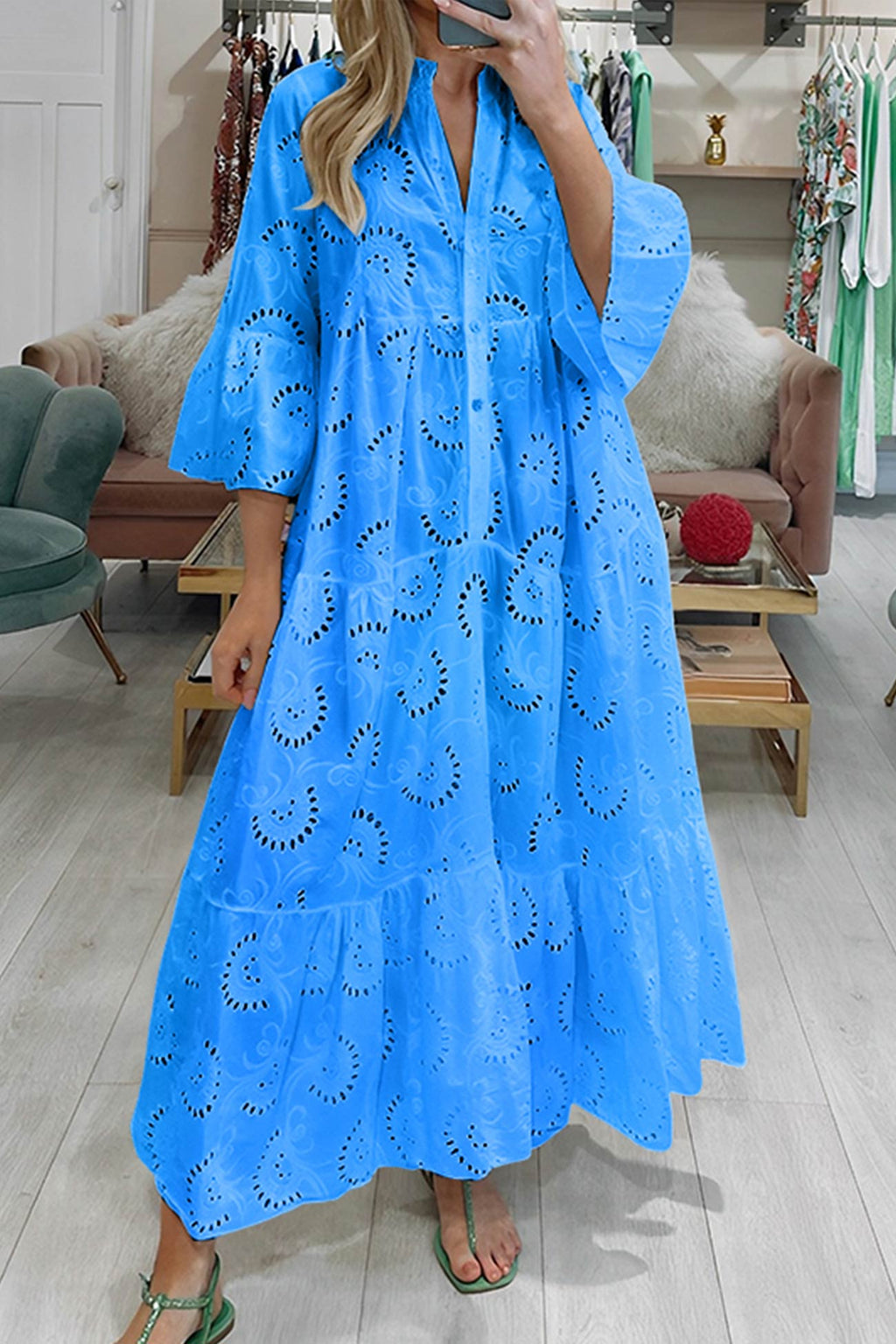 🎁Last day Clearance sale! V Neck Flares Sleeve Embroidery Cotton Dress