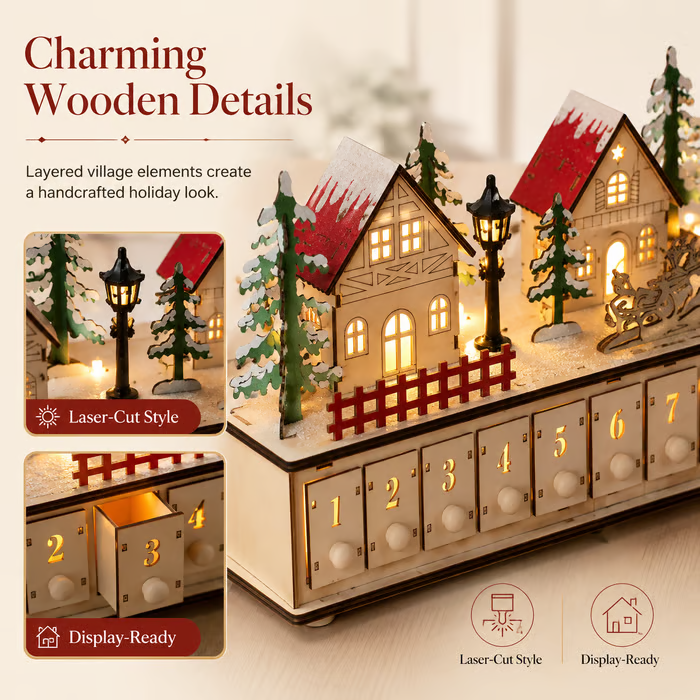 Light-Up Wooden Christmas Village Advent Calendar🎄 – 24 Fillable Drawers