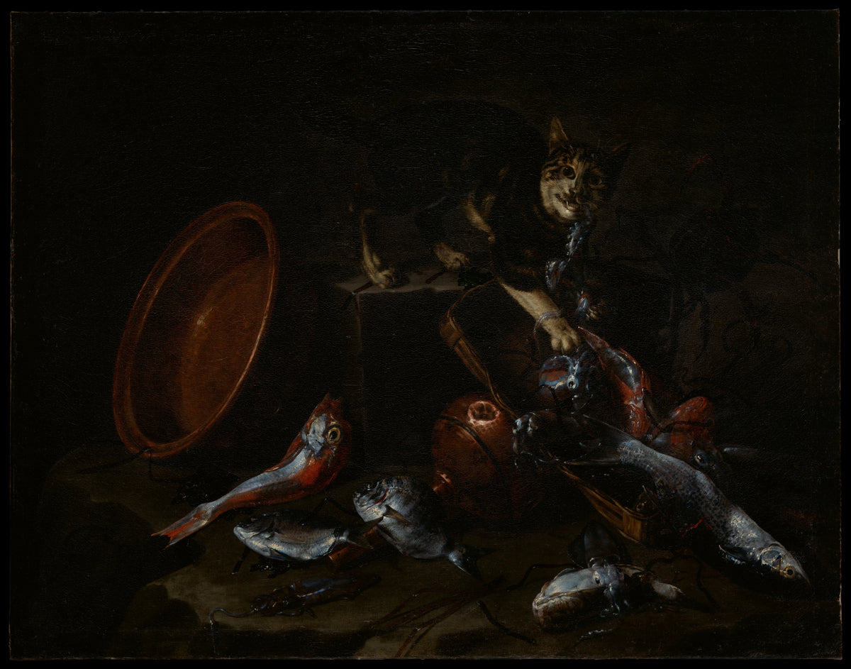 A Cat Stealing Fish by Giuseppe Recco - Oil Painting canvas print