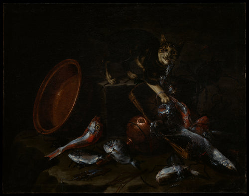A Cat Stealing Fish by Giuseppe Recco - Oil Painting canvas print