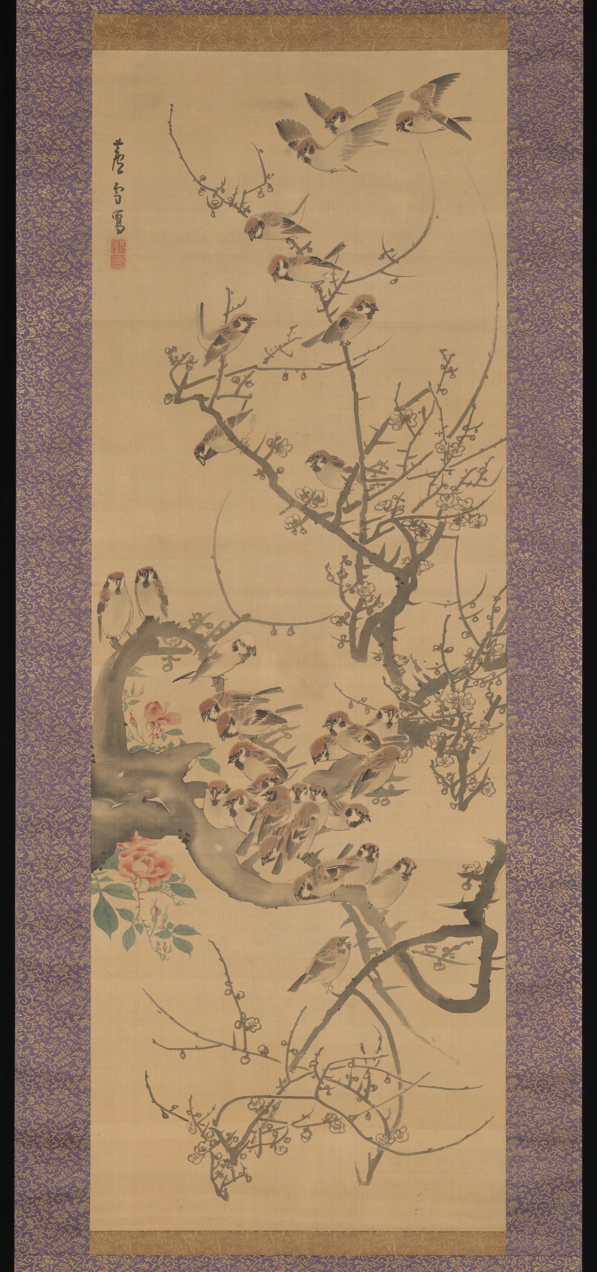 Sparrows in a Plum Tree by Nagasawa Rosetsu 長澤蘆雪 - Ink Painting canvas print