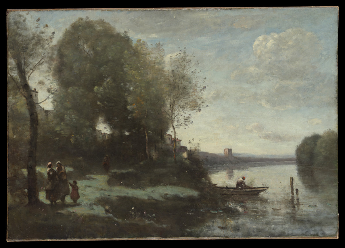 River with a Distant Tower by Camille Corot - Realist canvas print