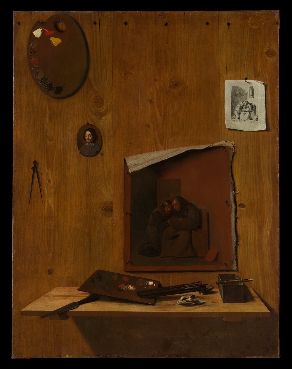 Trompe l'oeil with Palettes and Miniature by Jean François de Le Motte - Oil Painting canvas print