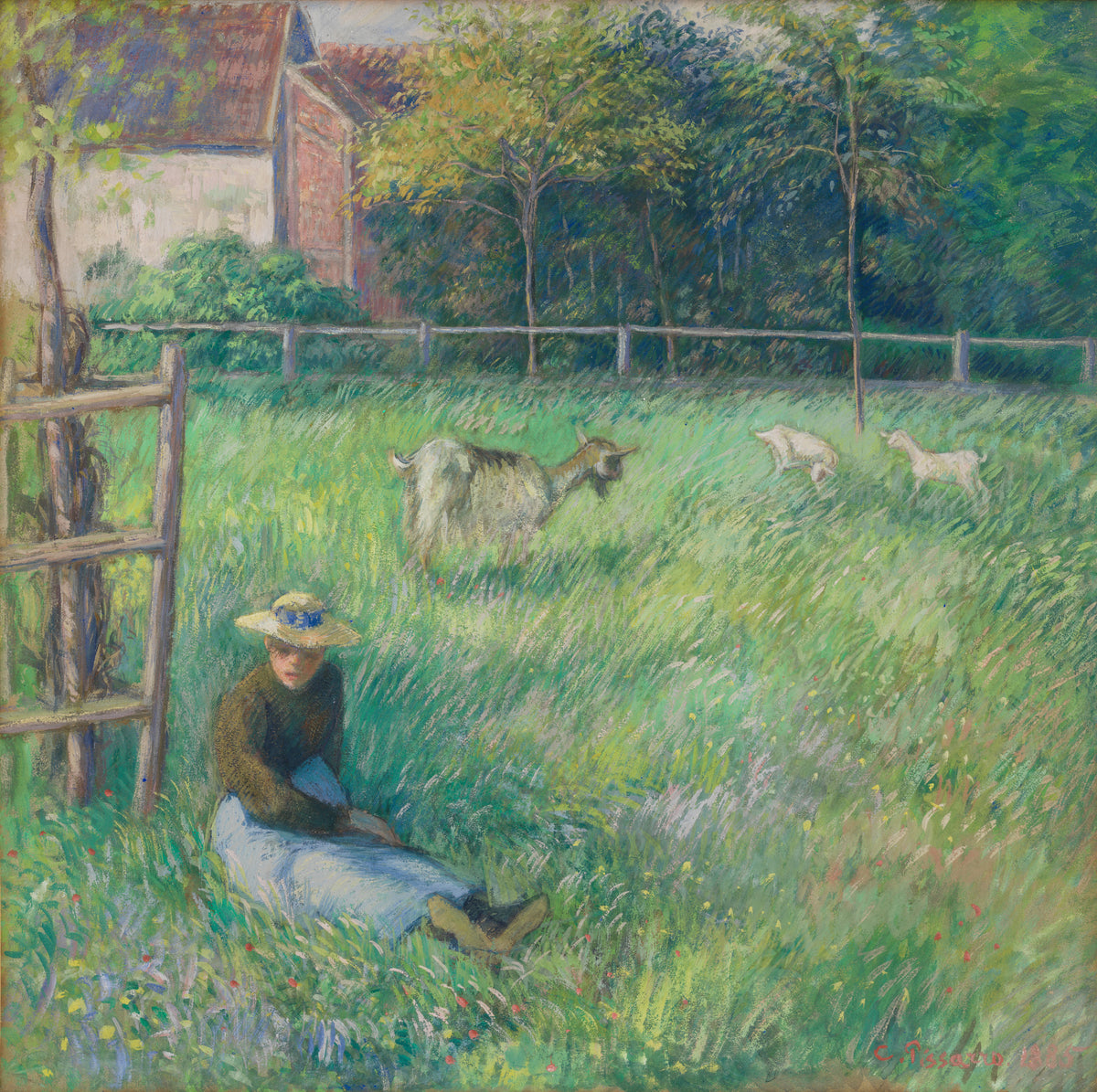 Seated Peasant Woman with Goats by Camille Pissarro - Impressionist canvas print