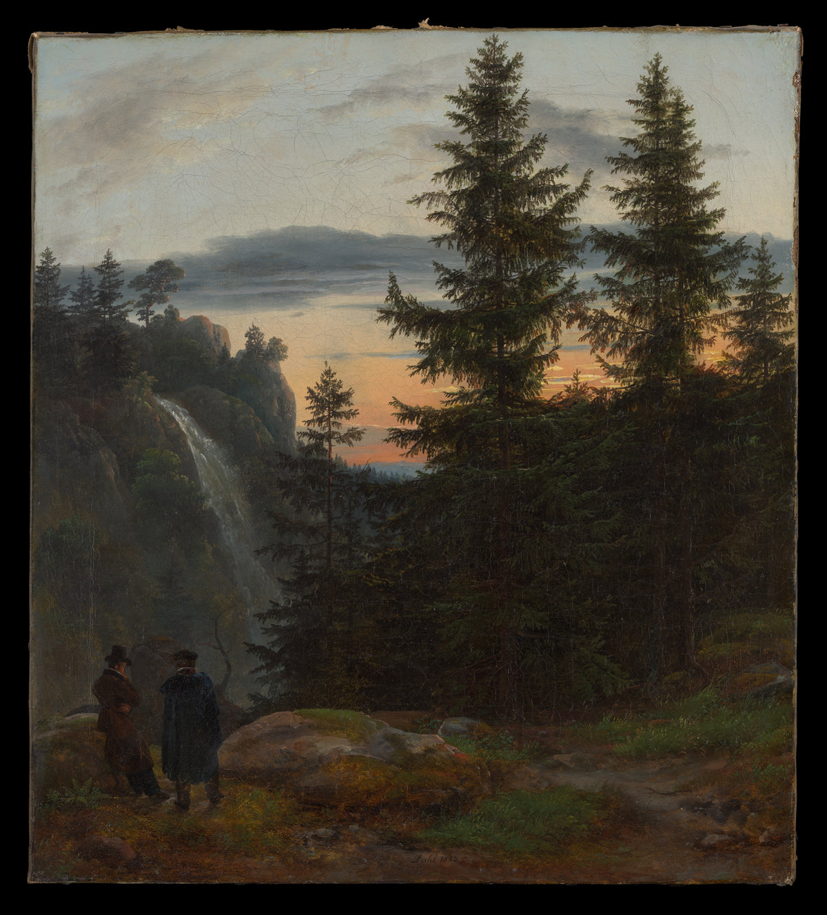 Two Men before a Waterfall at Sunset by Johan Christian Dahl - Oil Painting canvas print