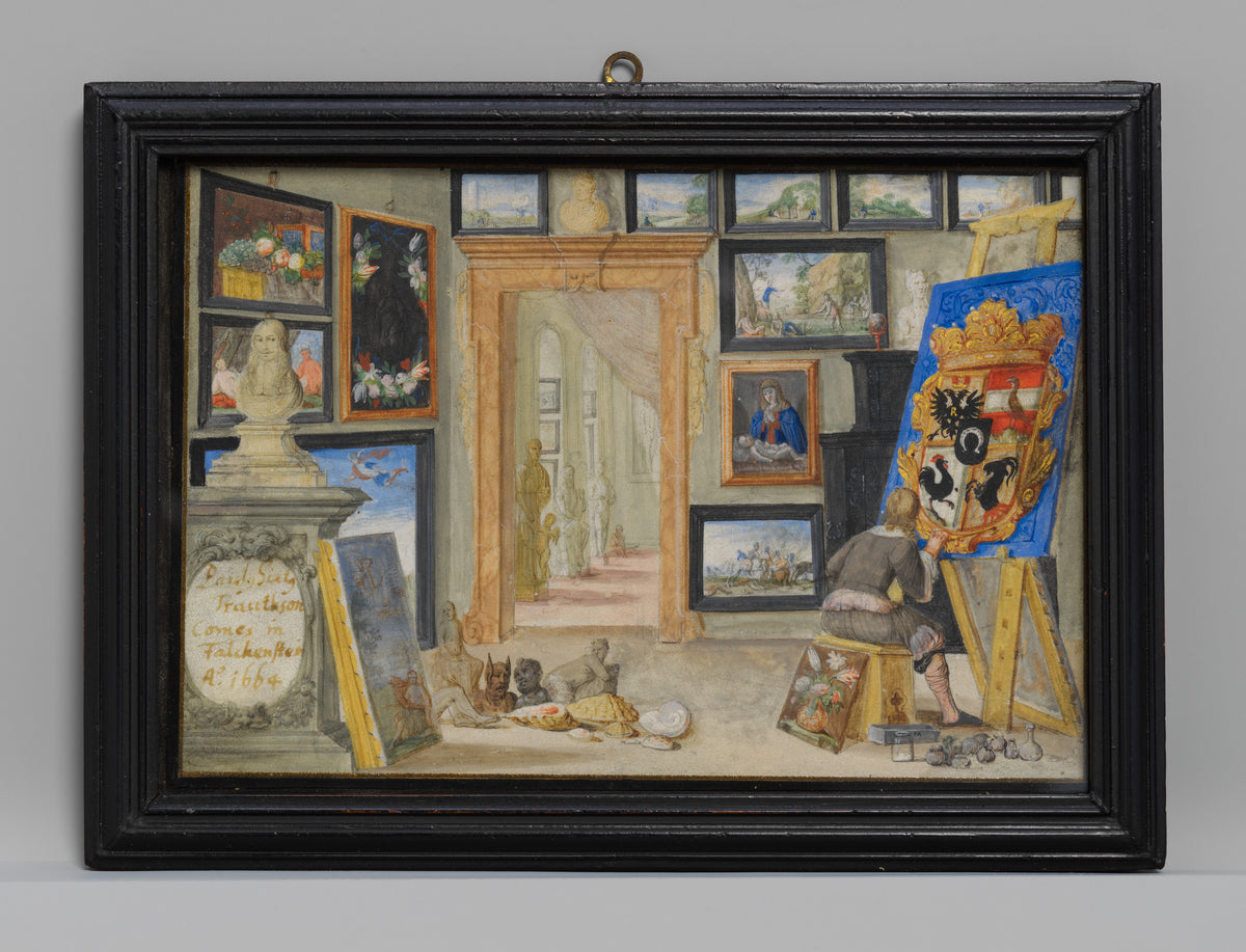 An Artist Painting a Heraldic Shield in a Cabinet of Curiosities by Monogrammist FA - Classic Art canvas print