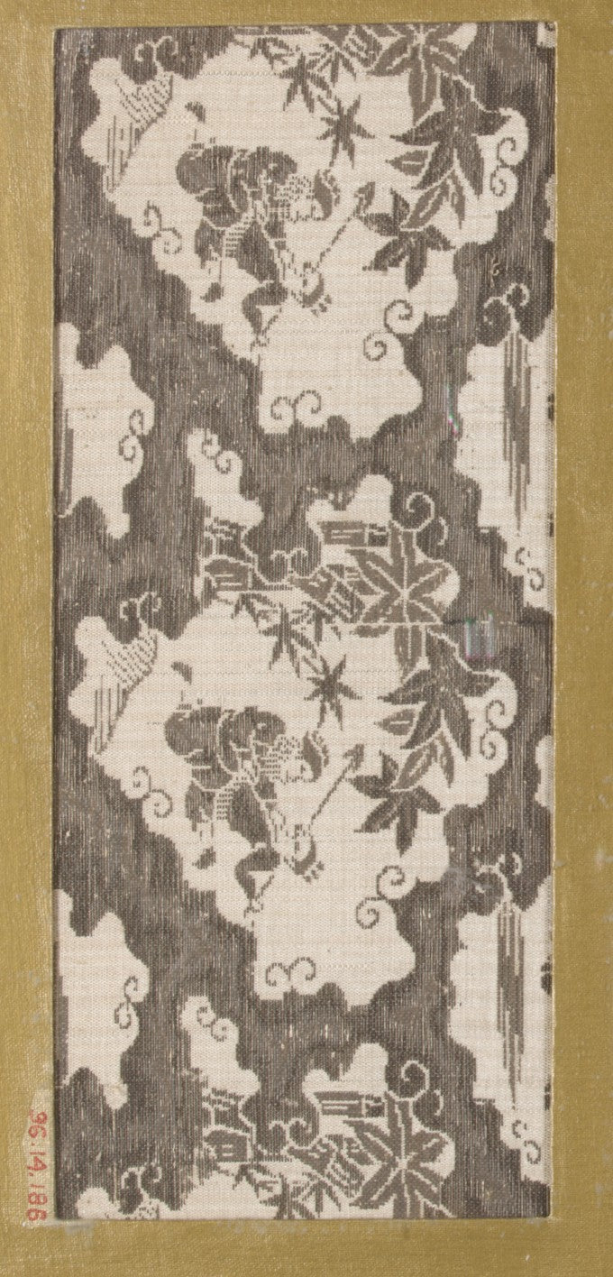 Textile fragment with repeating pattern of irregularly shaped cloud-edged vignettes containing two human figures and maple leaves by  - Classic Art canvas print
